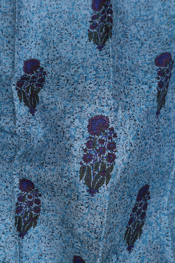 Printed Silk Saree In Blue With Floral Motifs