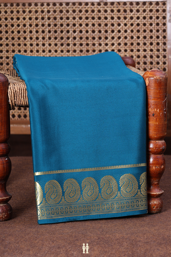 Mysore Silk Saree In Plain Teal Blue With Paisley Border
