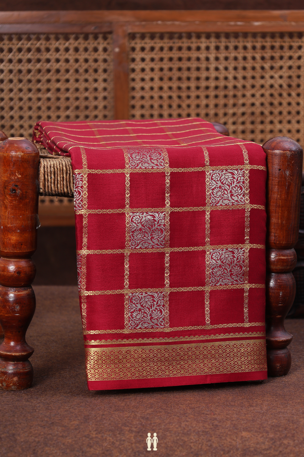 Mysore Silk Saree In Crimson Red With Checks Design