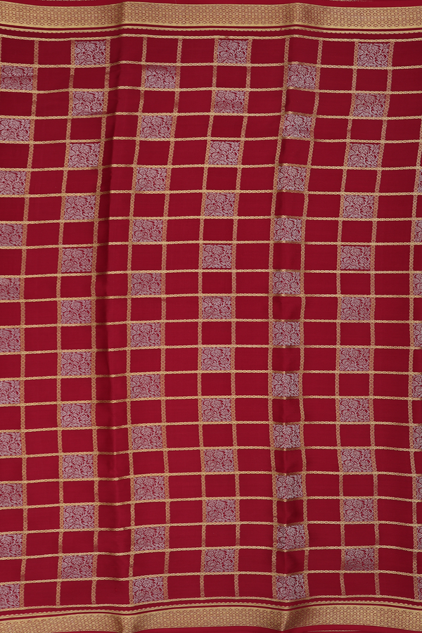 Mysore Silk Saree In Crimson Red With Checks Design