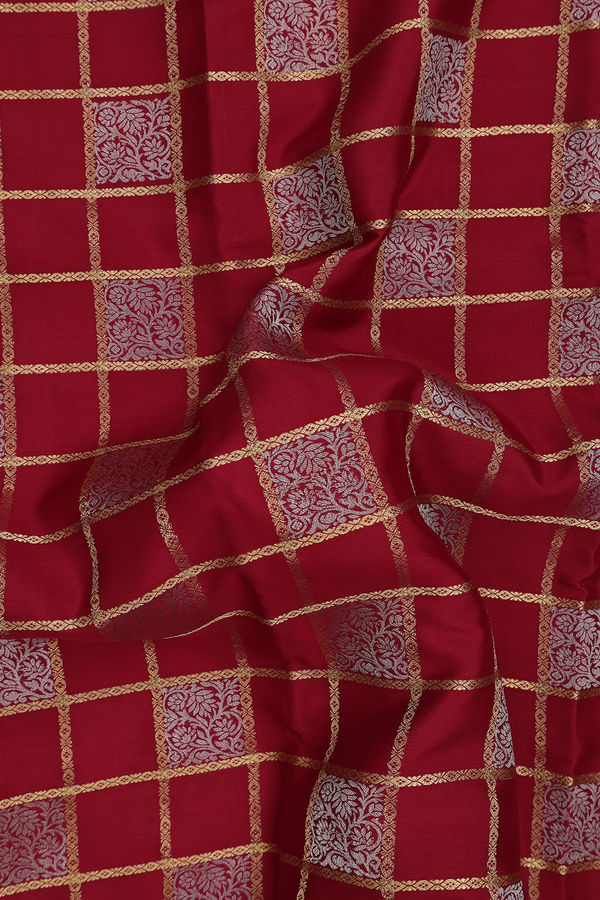 Mysore Silk Saree In Crimson Red With Checks Design