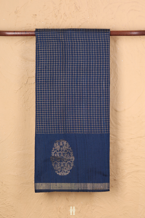 Jute Saree In Prussian Blue With Checks Design