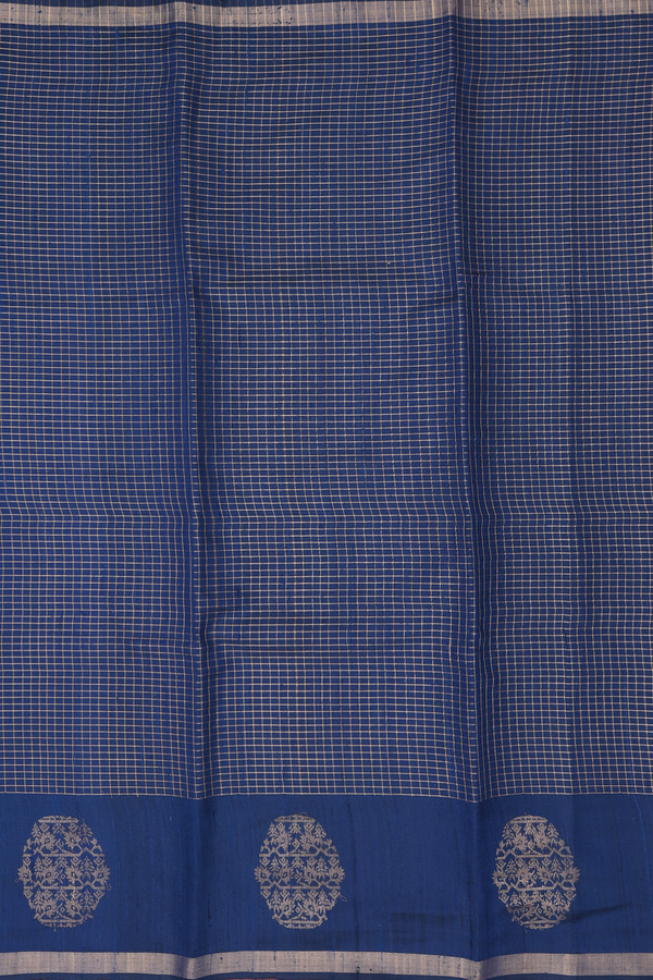 Jute Saree In Prussian Blue With Checks Design