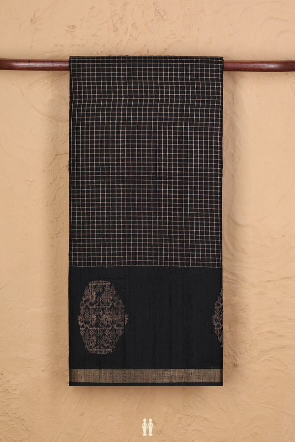 Jute Saree In Black With Checks Design