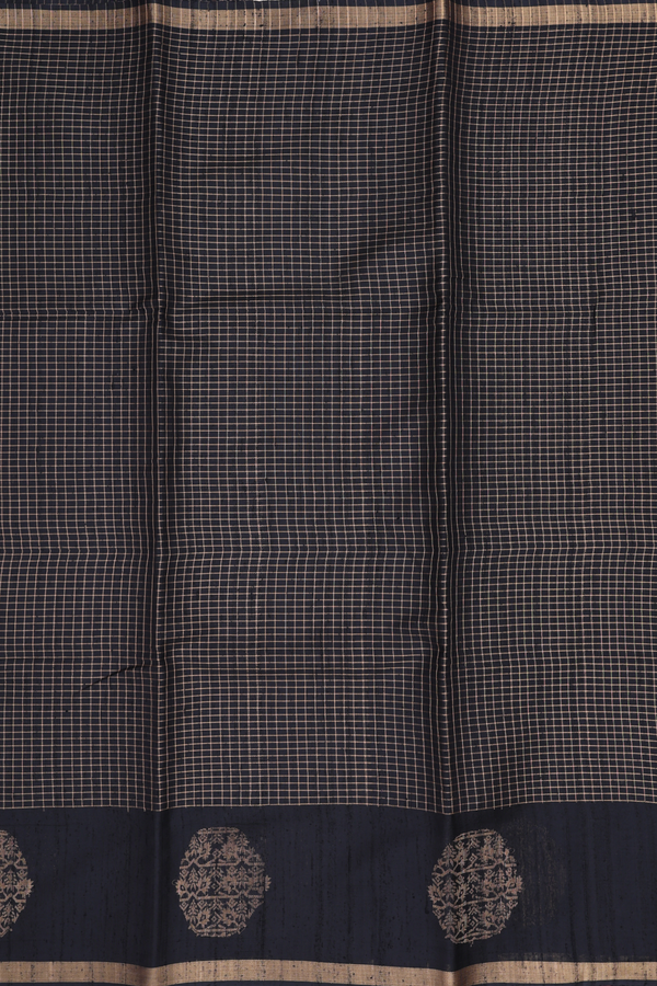 Jute Saree In Black With Checks Design