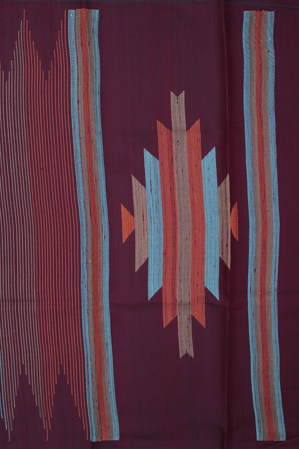 Jute Saree In Dark Maroon With Temple Design