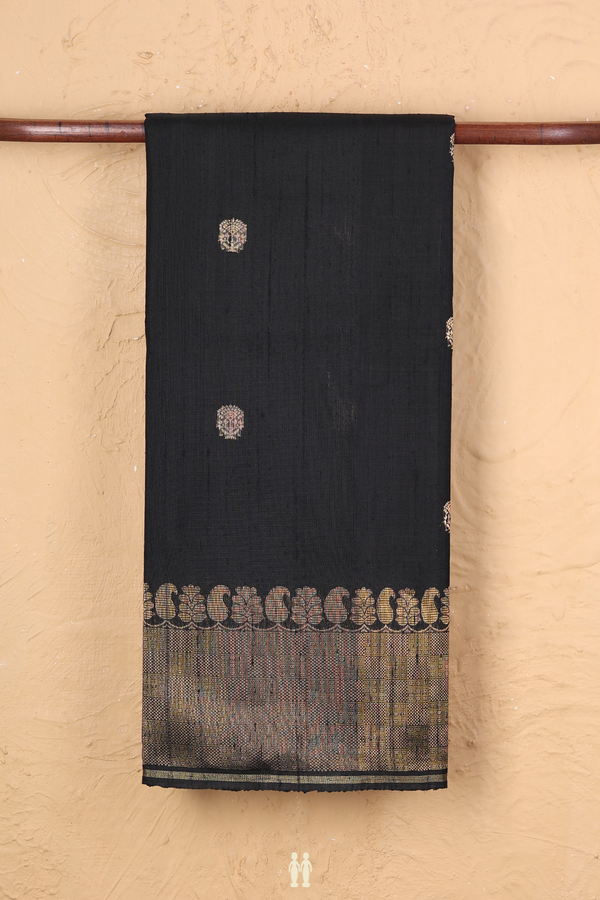 Jute Saree In Black With Floral Buttas