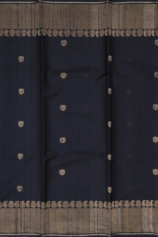 Jute Saree In Black With Floral Buttas