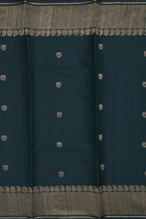 Jute Saree In Dark Green With Floral Buttas