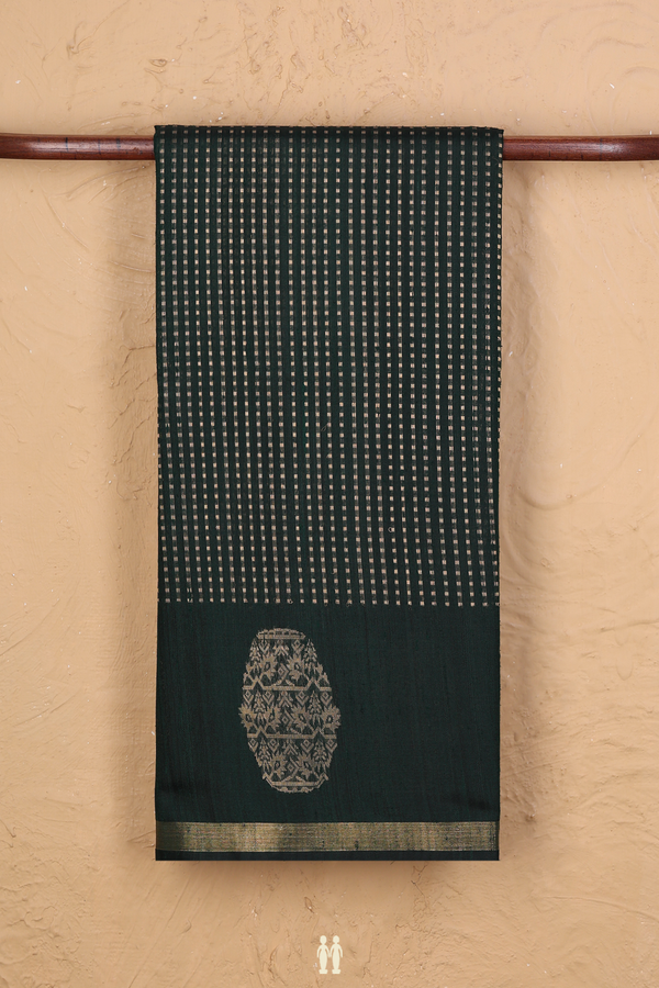 Jute Saree In Dark Green With Stripes Design
