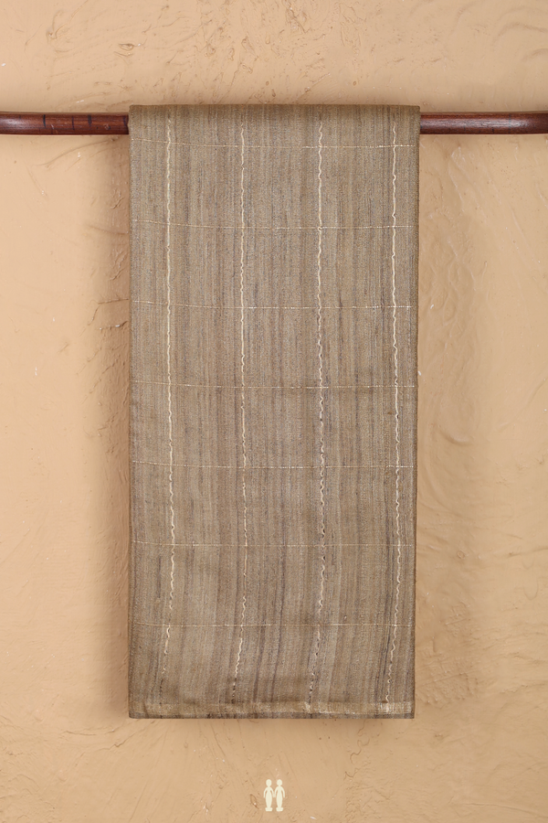 Tussar Silk Saree In Greenish Brown With Checks Design