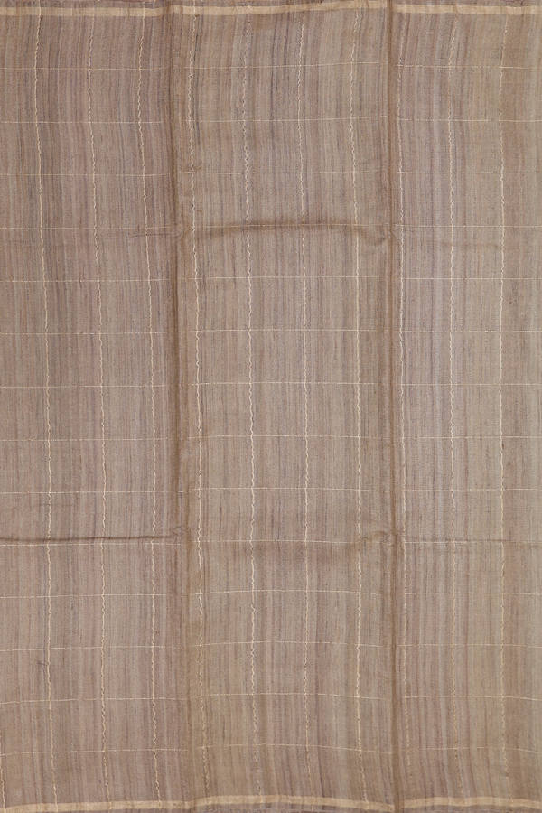 Tussar Silk Saree In Greenish Brown With Checks Design