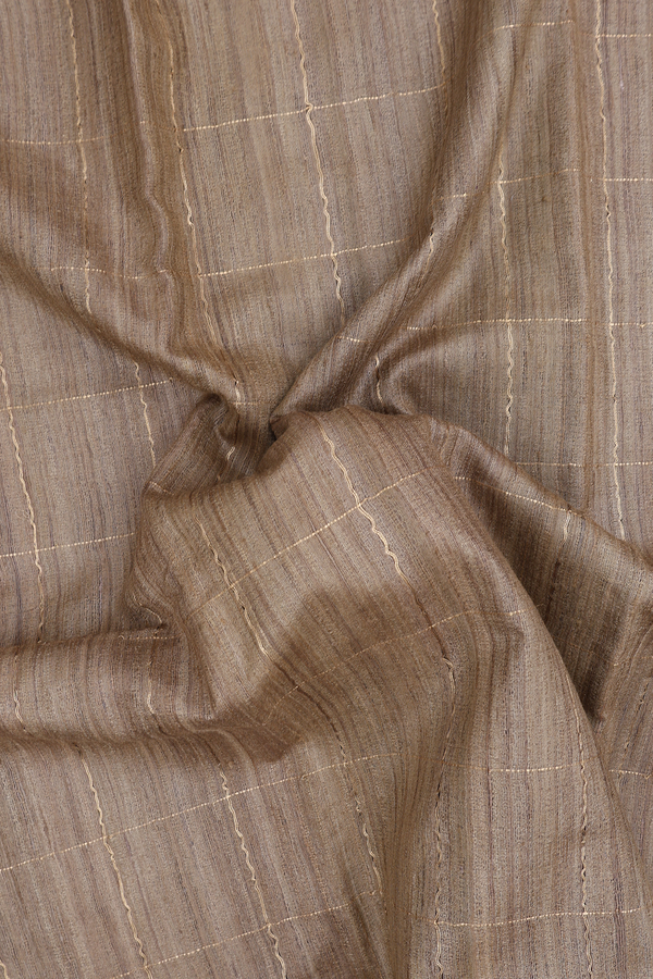 Tussar Silk Saree In Greenish Brown With Checks Design