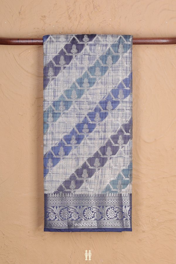 Raw Silk Saree In Blue And Cream With Diagonal Design