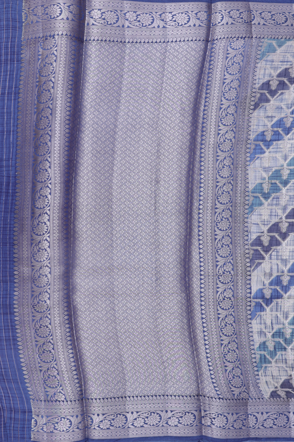 Raw Silk Saree In Blue And Cream With Diagonal Design