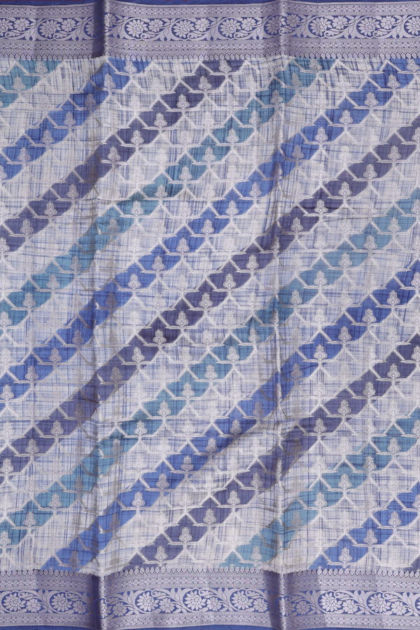 Raw Silk Saree In Blue And Cream With Diagonal Design