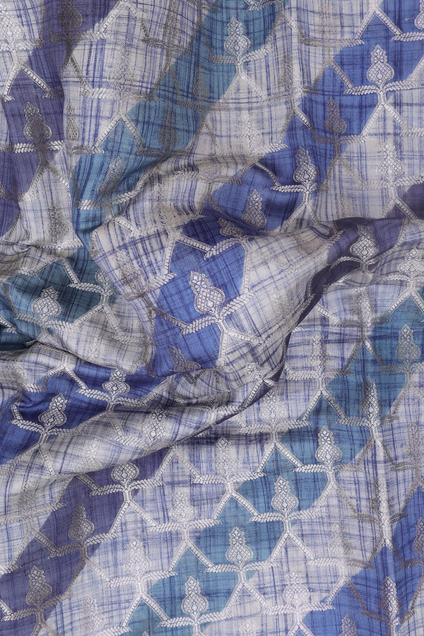 Raw Silk Saree In Blue And Cream With Diagonal Design