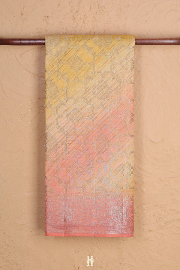 Raw Silk Saree In Peach And Yellow With Allover Design