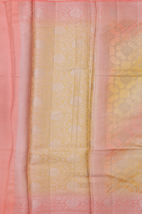 Raw Silk Saree In Peach And Yellow With Allover Design