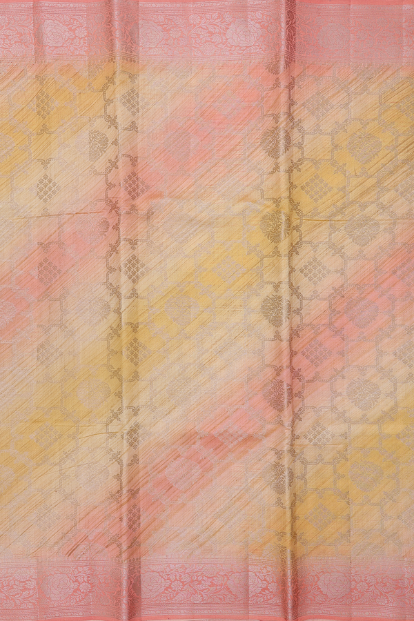 Raw Silk Saree In Peach And Yellow With Allover Design