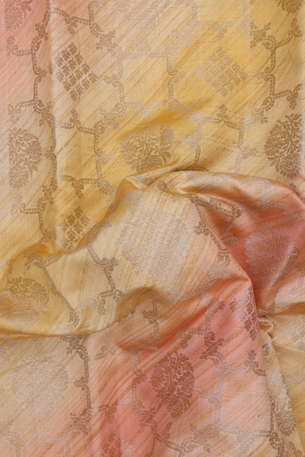 Raw Silk Saree In Peach And Yellow With Allover Design