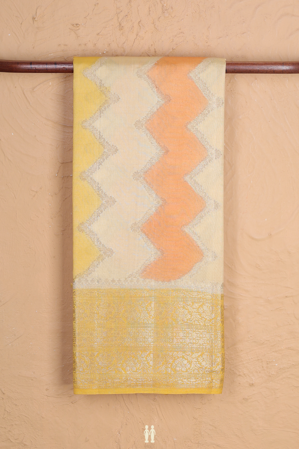 Raw Silk Saree In Yellow And Orange With Chevron Design