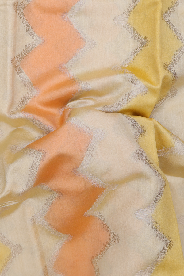 Raw Silk Saree In Yellow And Orange With Chevron Design