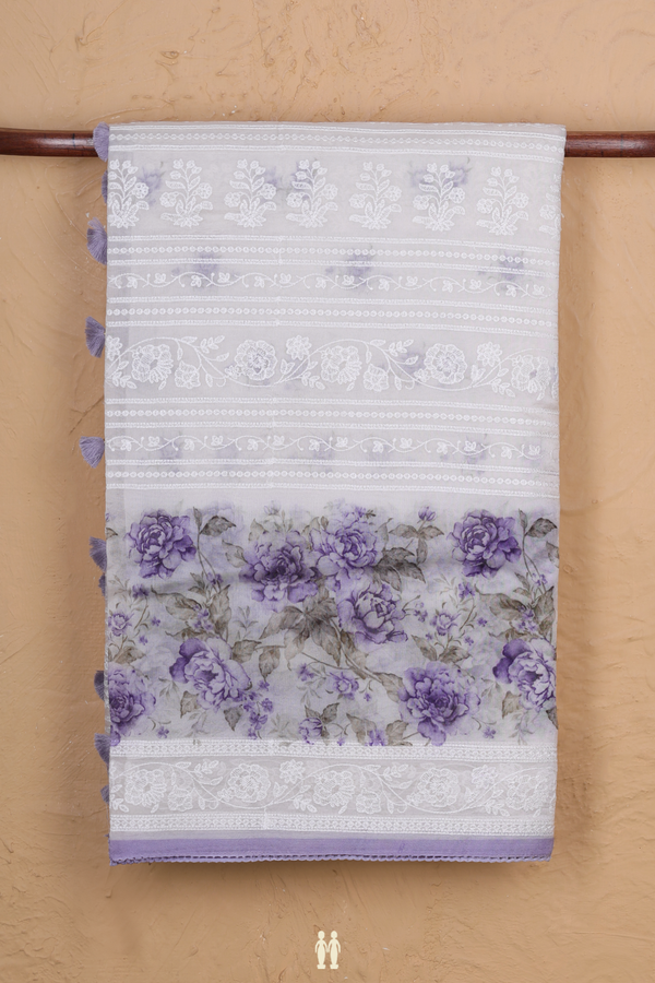 Organza Silk Saree In White With Embroidered Design