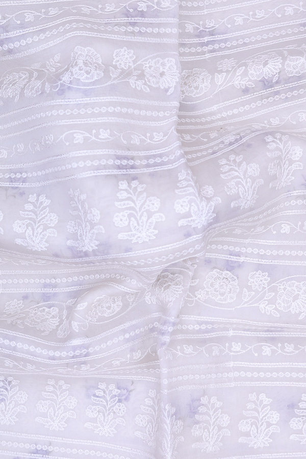 Organza Silk Saree In White With Embroidered Design