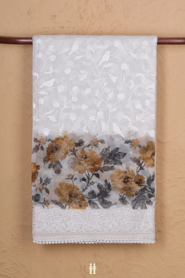 Organza Silk Saree In White With Embroidered Design