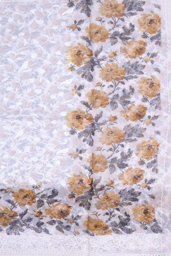 Organza Silk Saree In White With Embroidered Design