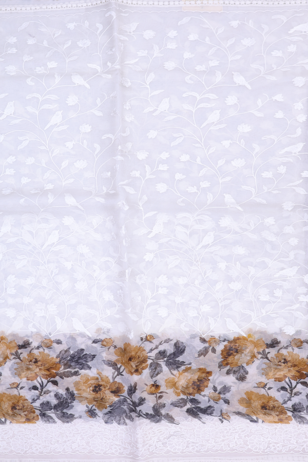 Organza Silk Saree In White With Embroidered Design