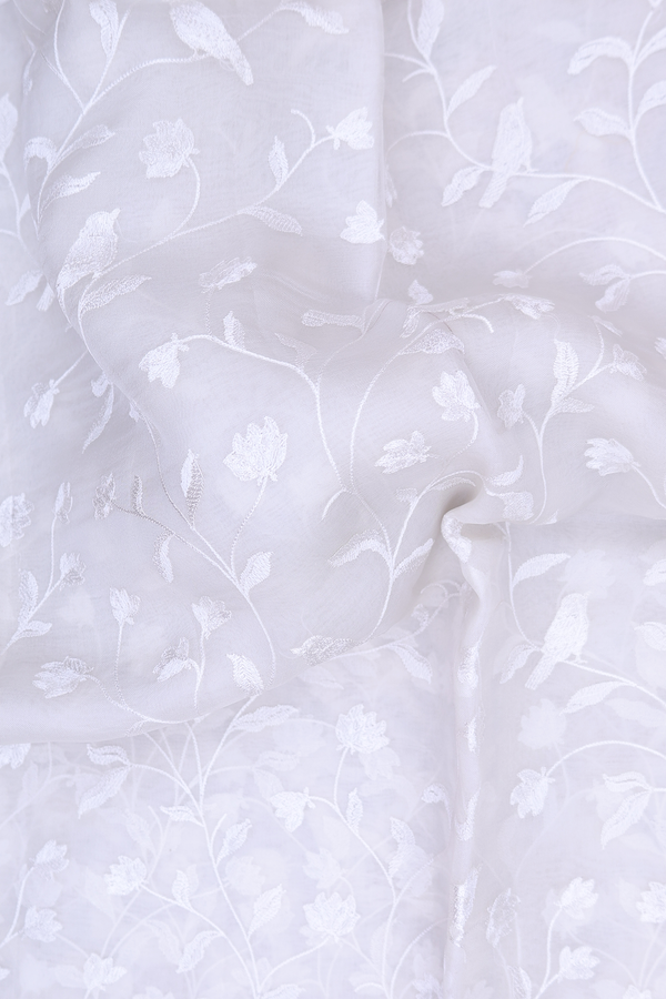 Organza Silk Saree In White With Embroidered Design