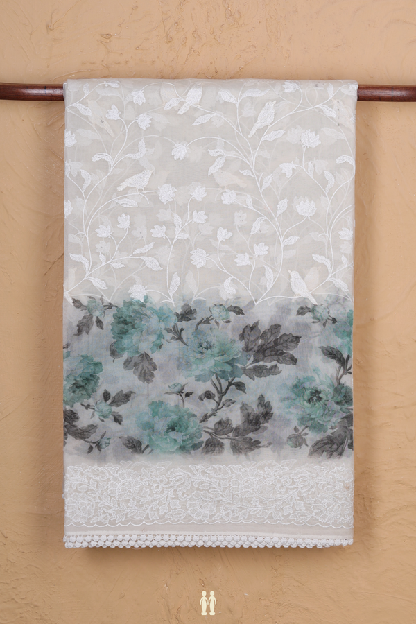 Organza Silk Saree In White With Floral Embroidered Design