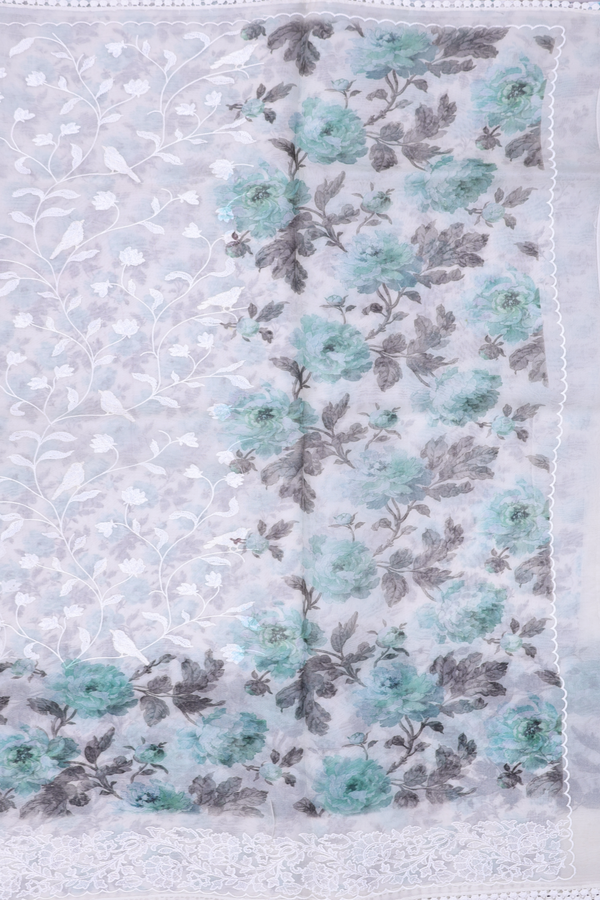 Organza Silk Saree In White With Floral Embroidered Design