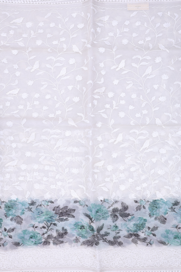 Organza Silk Saree In White With Floral Embroidered Design
