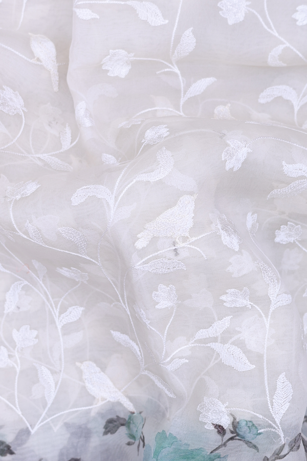 Organza Silk Saree In White With Floral Embroidered Design