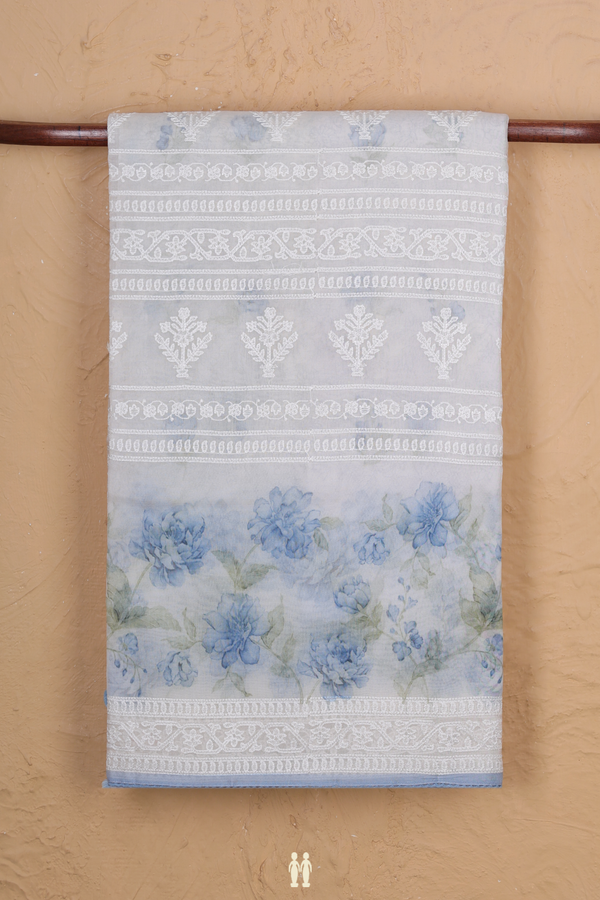 Organza Silk Saree In White With Embroidered Design