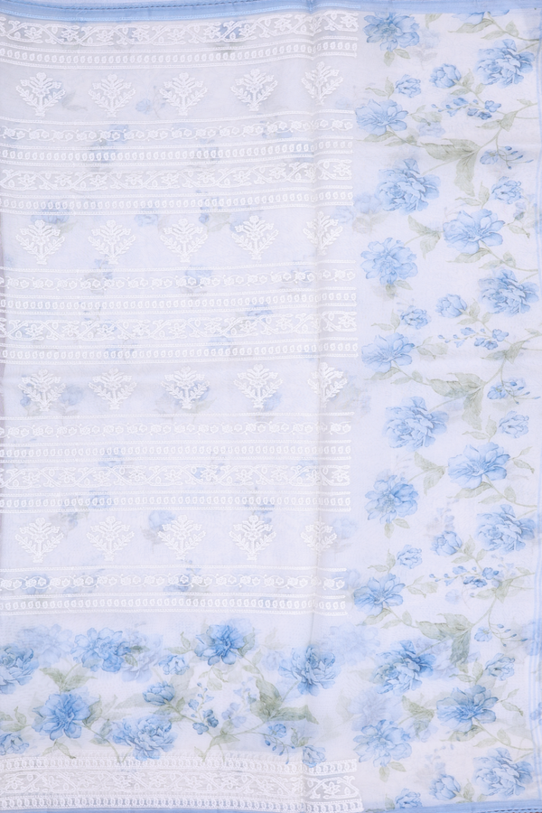 Organza Silk Saree In White With Embroidered Design