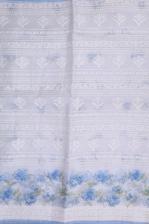 Organza Silk Saree In White With Embroidered Design