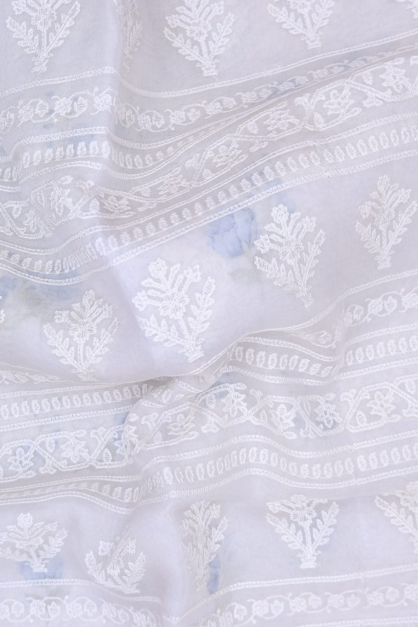 Organza Silk Saree In White With Embroidered Design
