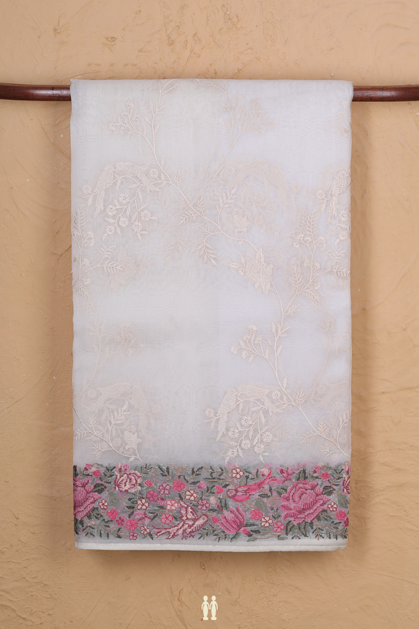 Organza Silk Saree In White With Embroidered Design