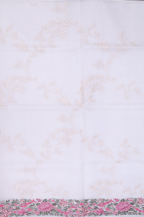 Organza Silk Saree In White With Embroidered Design