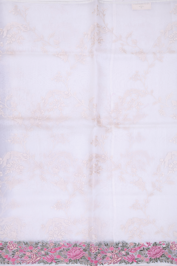 Organza Silk Saree In White With Embroidered Design