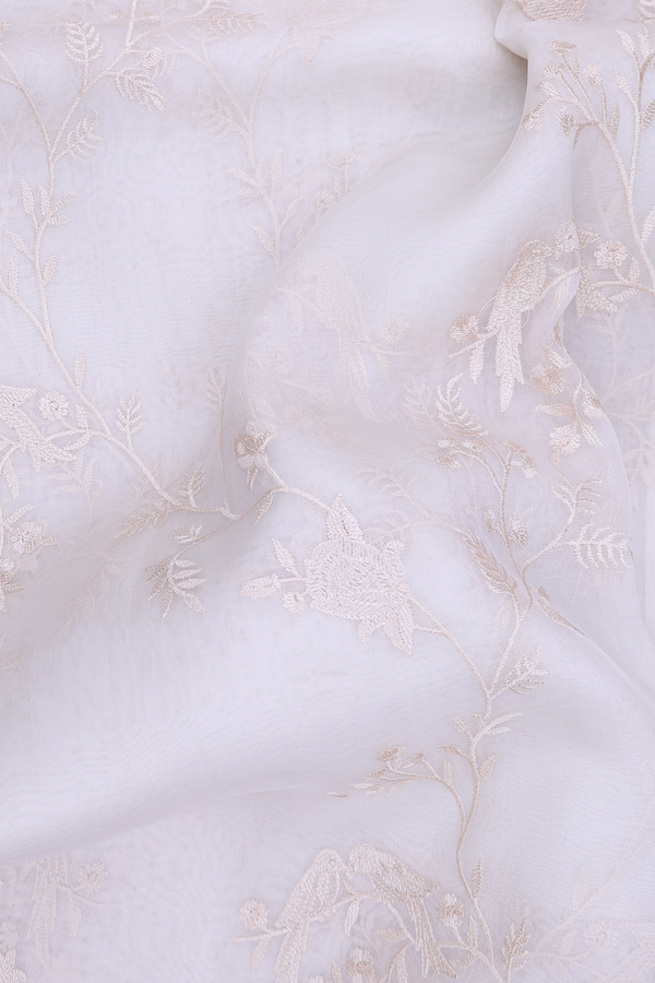 Organza Silk Saree In White With Embroidered Design