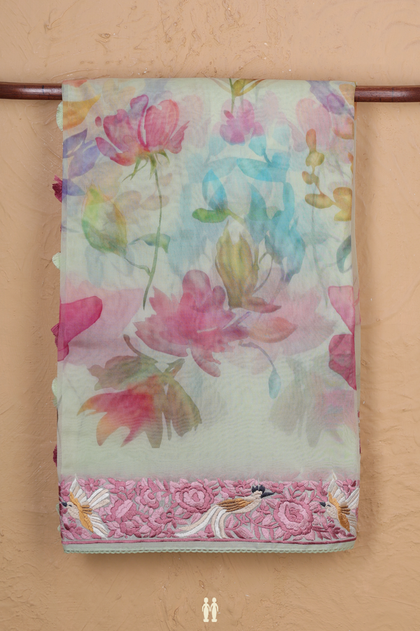 Organza Silk Saree In Green With Floral Printed Design