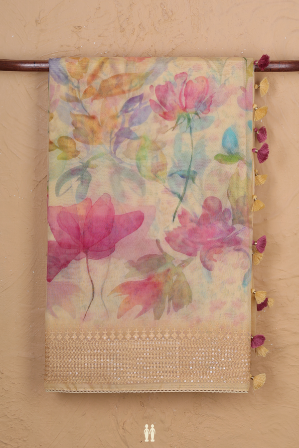 Organza Silk Saree In Yellow With Floral Printed Design