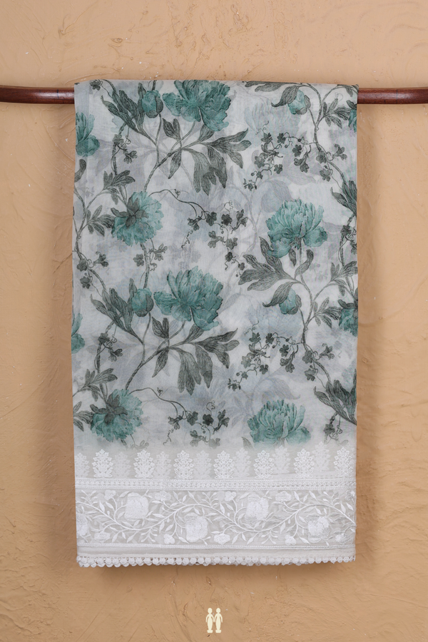 Organza Silk Saree In White With Floral Printed Design