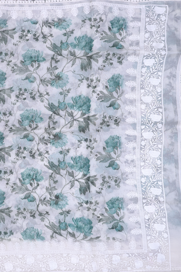 Organza Silk Saree In White With Floral Printed Design