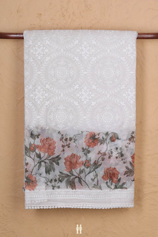 Organza Silk Saree In White With Floral Embroidered Design
